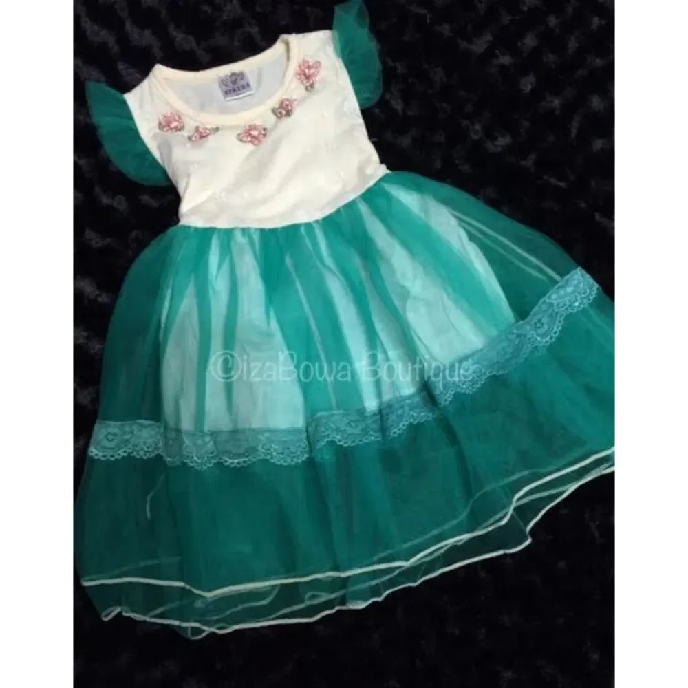 Ivory and Emerald Tulle Dress  EMDR5  5T  (I)  NWT Boutique